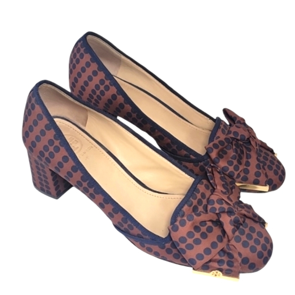 Tory Burch Bow accent polka dot  chunky heels women's size 7